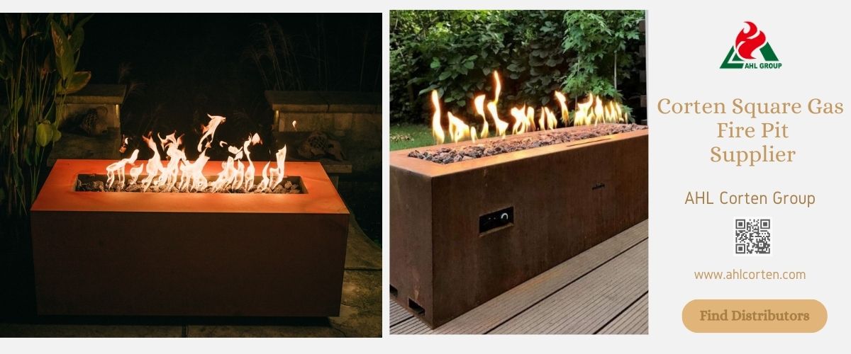 Square weathered steel gas fire pit