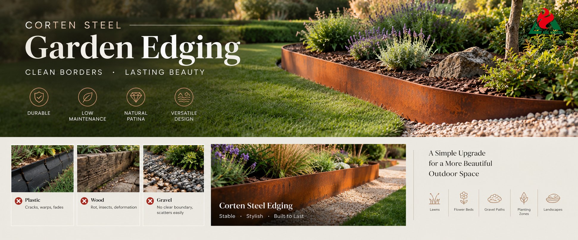 Finished Corten steel garden edging separating lawn, gravel and planting beds