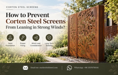 Corten steel garden privacy screen with supporting posts