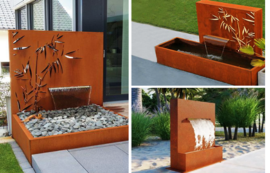 outdoor corten steel water wall feature