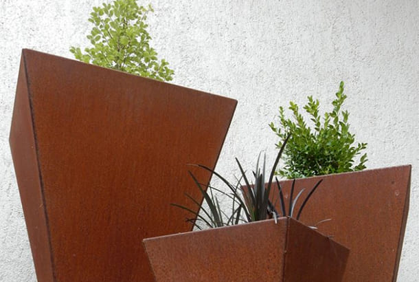 Warm archaic weathering steel conical square planting box for garden landscape