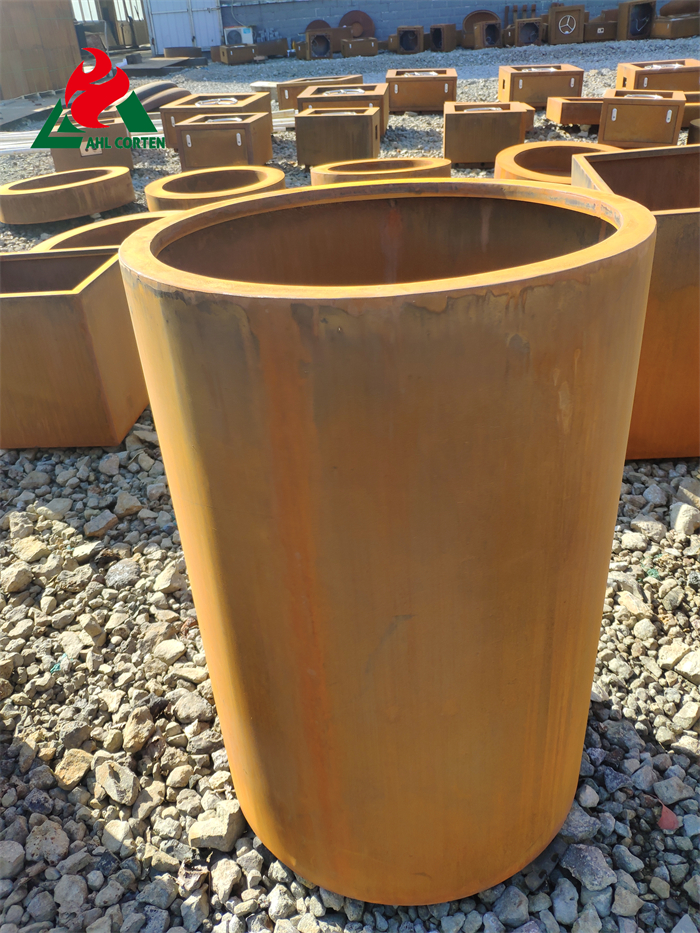 Large Cylindrical Corten Steel  Planter For Garden
