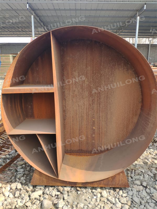 Round corten steel firewood storage holder design