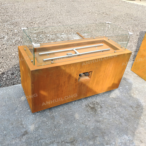 Decorated weathering steel rectangular fire pit
