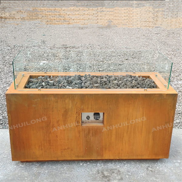 Decorated weathering steel rectangular fire pit