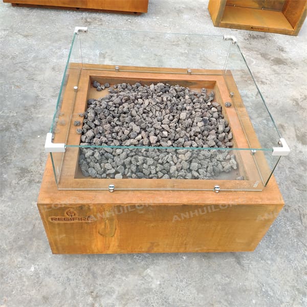 Square weathering steel lava gas fire pit