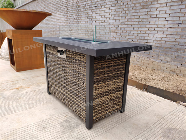 Dark Brown Rectangle Steel Burner 50000 BTU PE Rattan Gas Fire Pit Table with Tabletop