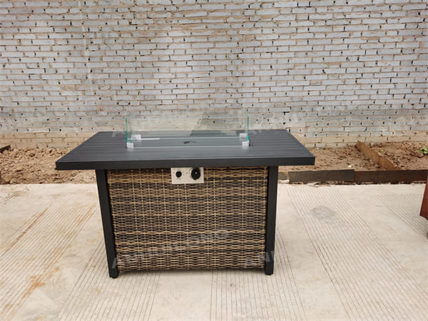 Dark Brown Rectangular Wicker Outdoor Fire Pit Table with Glass Guard