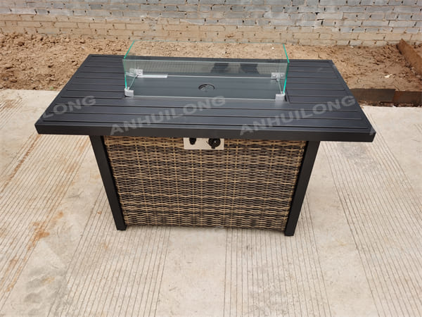Dark Brown Rectangular Wicker Outdoor Fire Pit Table with Glass Guard