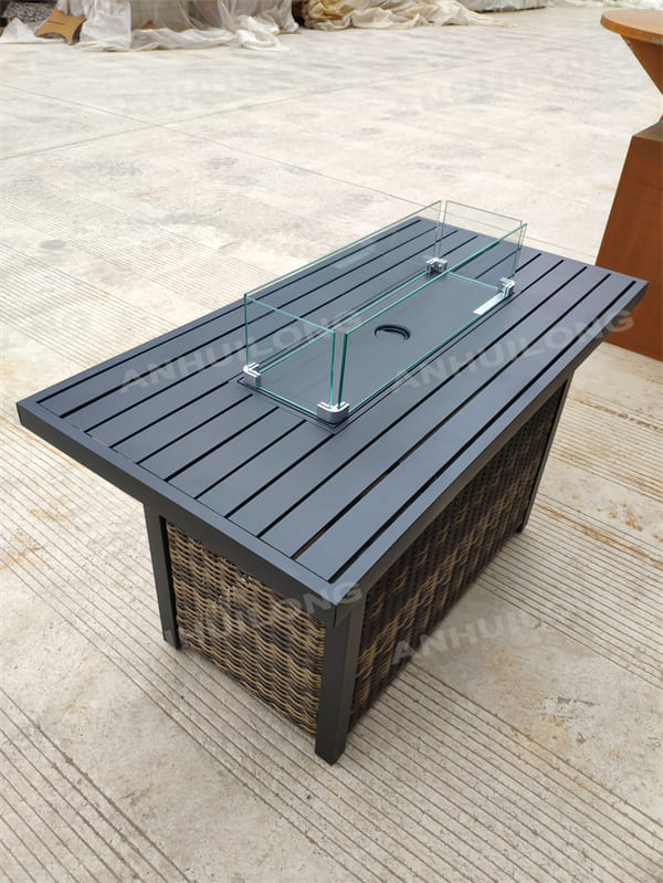 Dark Brown Rectangular Wicker Outdoor Fire Pit Table with Glass Guard