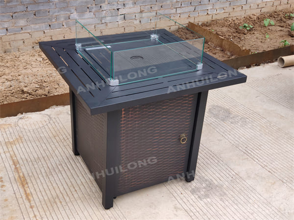 Square Metal Outdoor Propane Gas Fire Pit Table with Glass Wind Guard,Fire Beads, Lid and Covers