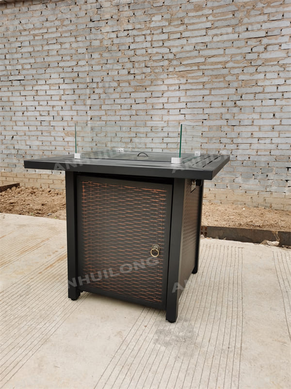Square Metal Outdoor Propane Gas Fire Pit Table with Glass Wind Guard,Fire Beads, Lid and Covers