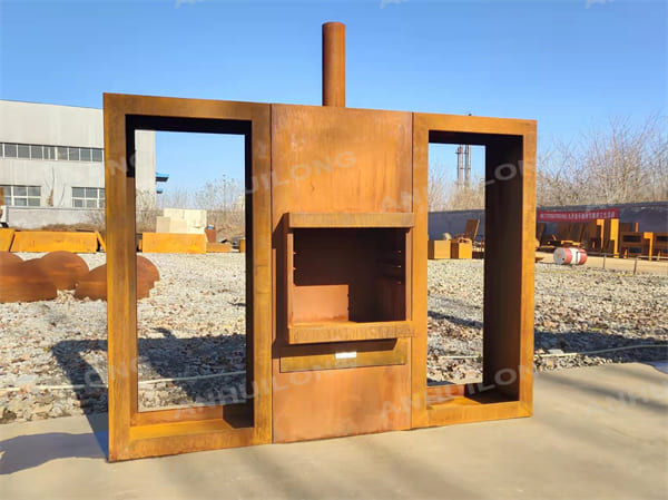 Large Outdoor Corten Steel Fireplace and Fire Pit With Wood Storage