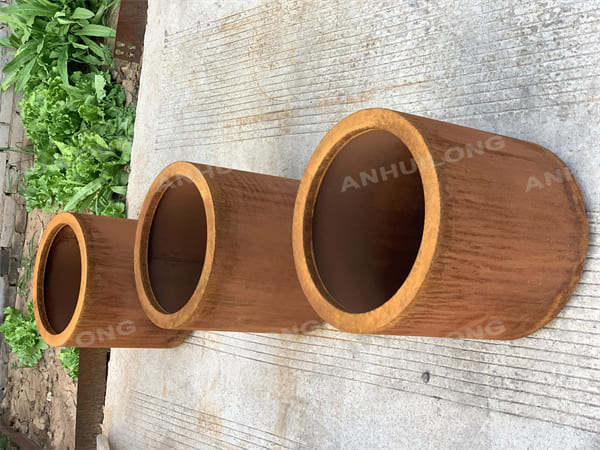 maintenance-free  corten steel cylindrical planter for ornamental garden