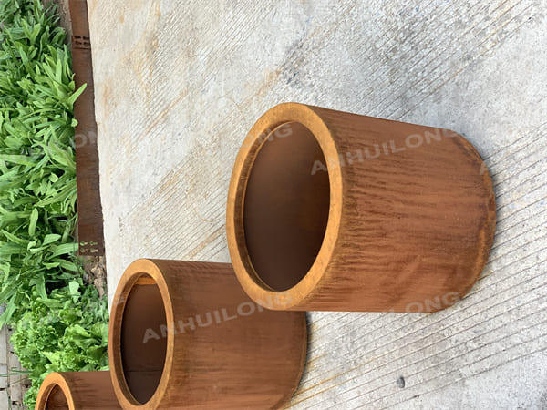 maintenance-free  corten steel cylindrical planter for ornamental garden