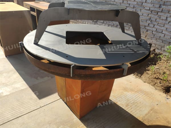Commercially available adjustable corten steel charcoal grill at patio Manufacturer
