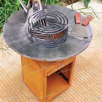 Outdoor corten steel fire pit BBQ with cooking grill