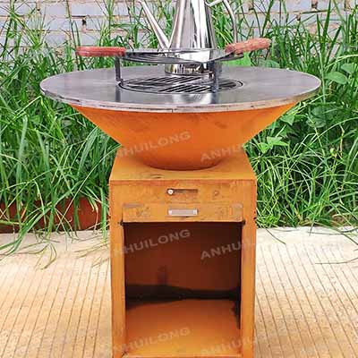 Outdoor corten steel fire pit BBQ with cooking grill
