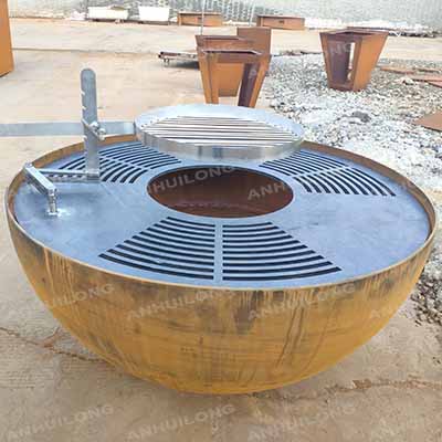 Outdoor corten steel fire pit BBQ with cooking grill