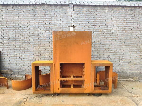 maintenance-free  outdoor corten steel fireplace with firewood storage