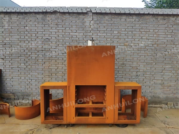 maintenance-free  outdoor corten steel fireplace with firewood storage