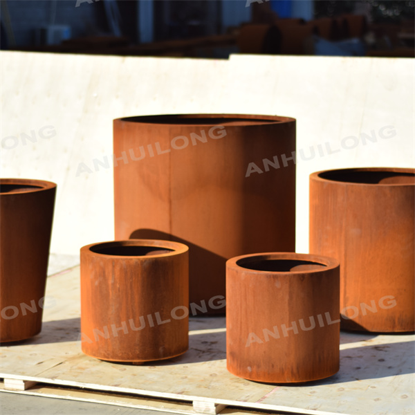 Decorative corten steel planters for garden art