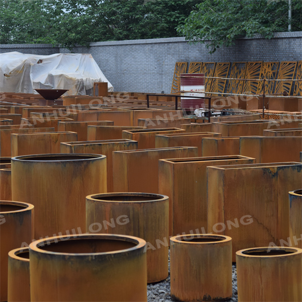 Decorative corten steel planters for garden art