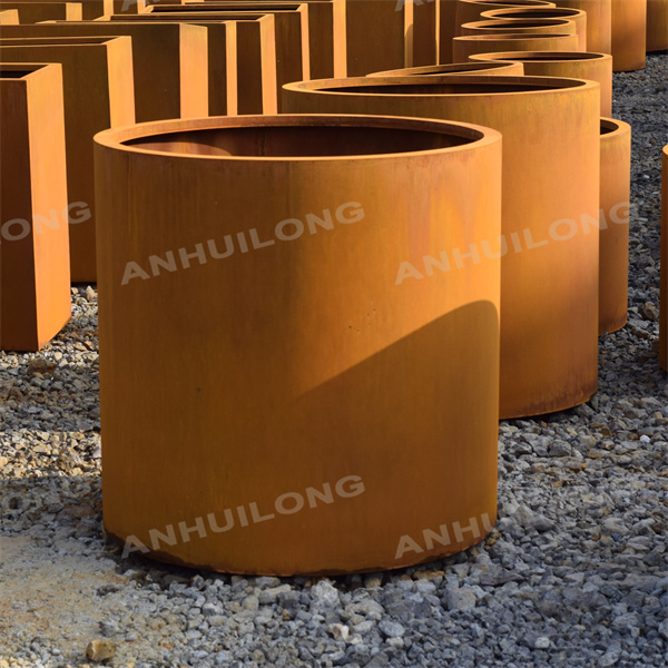 Decorative corten steel planters for garden art