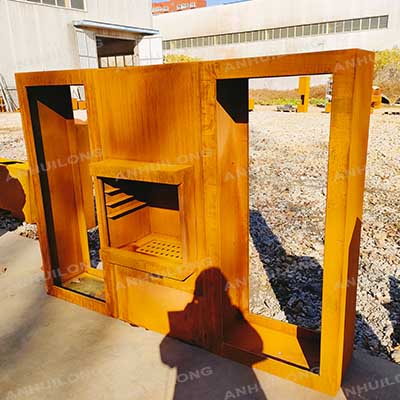 Corten steel wood burning fireplace for garden