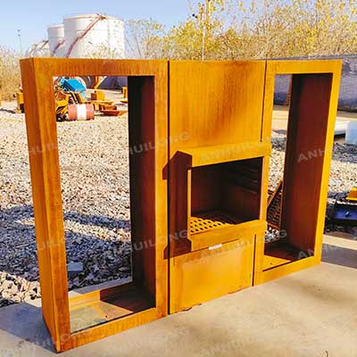 Corten steel wood burning fireplace for garden